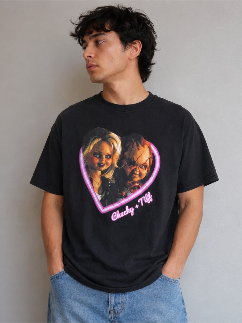 Chucky Tiffany Horror Movie Graphic Tee Black Cotton Shirt Unisex Large